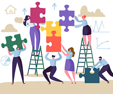 A colorful illustration of teamwork; people working together on ladders putting puzzle pieces together.