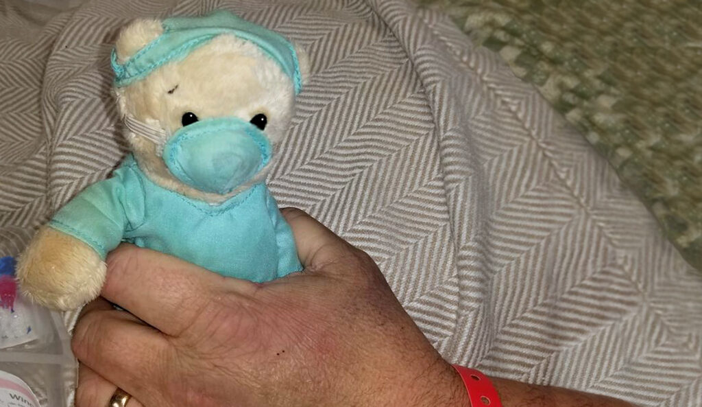 A small bear that Scott received as a gift while in the hospital