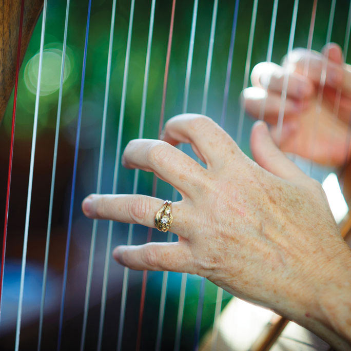 Fingers poised over the strings of a harp.