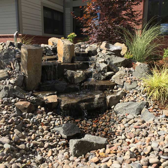 Water flowing down rocks in landscape scene