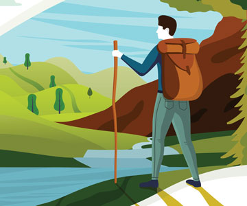 Illustration of male hiking by river near mountains