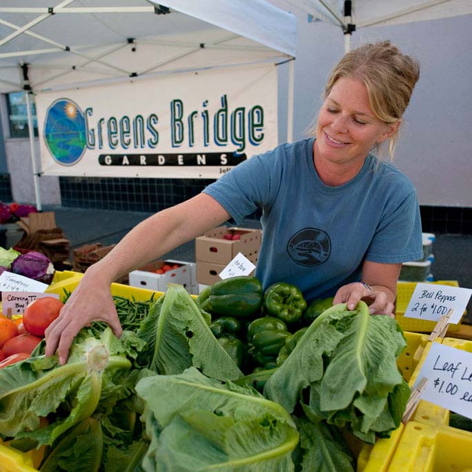 Woman selecting produce at farmers market in Lebanon