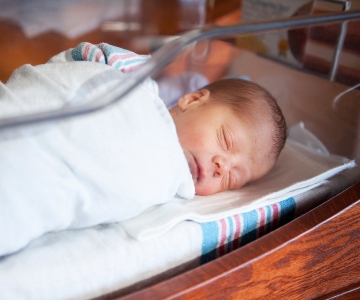 Newborn baby in a bassinet.