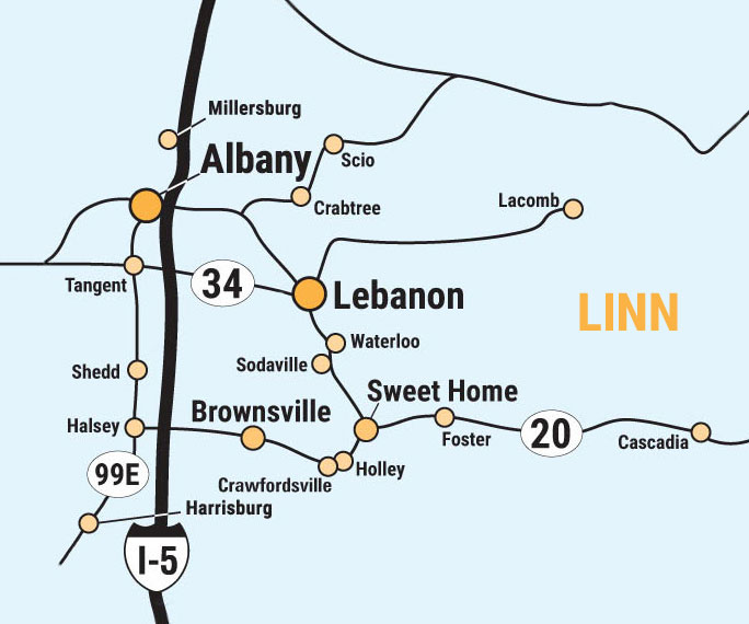 Service area map for palliative in home care in west Linn County.