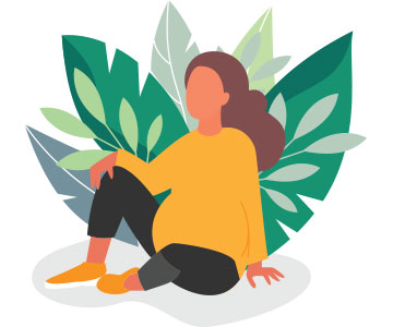 Illustration of a pregnant person sitting with leaves in the background.