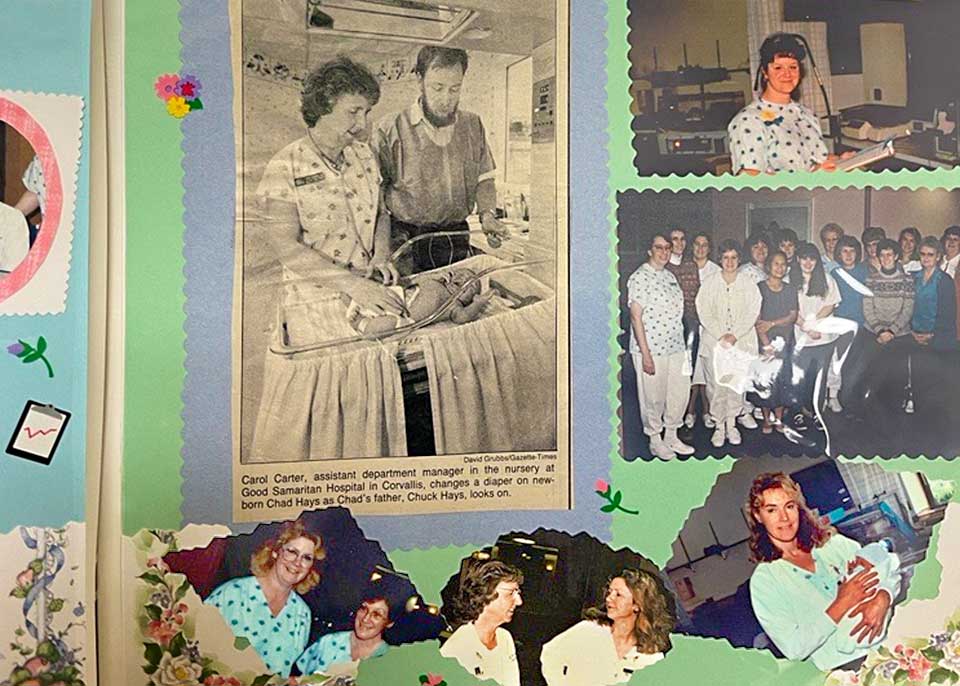 Colorful pictures of her career at Samaritan fill Carol's scrapbook.