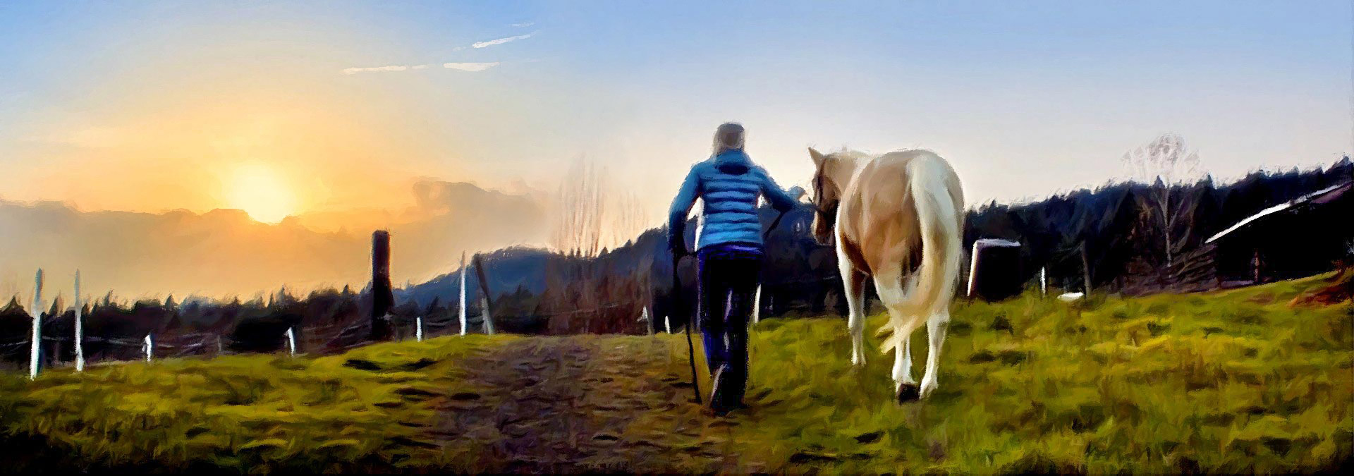 Suzy and Secret walk toward a sunset after an afternoon ride.