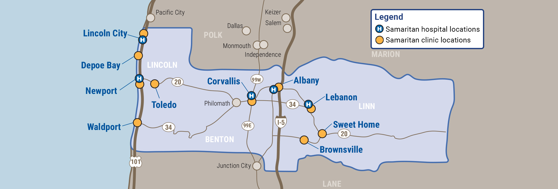 Samaritan's service area, showing hospital and clinic locations.
