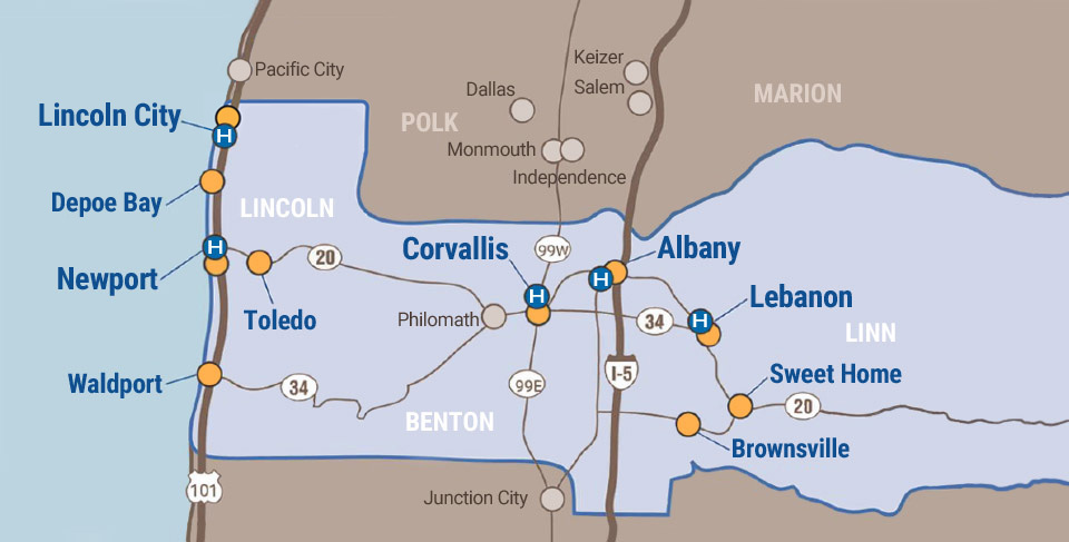 Map showing service area for Samaritan Health Services with locations of hospitals and clinics.