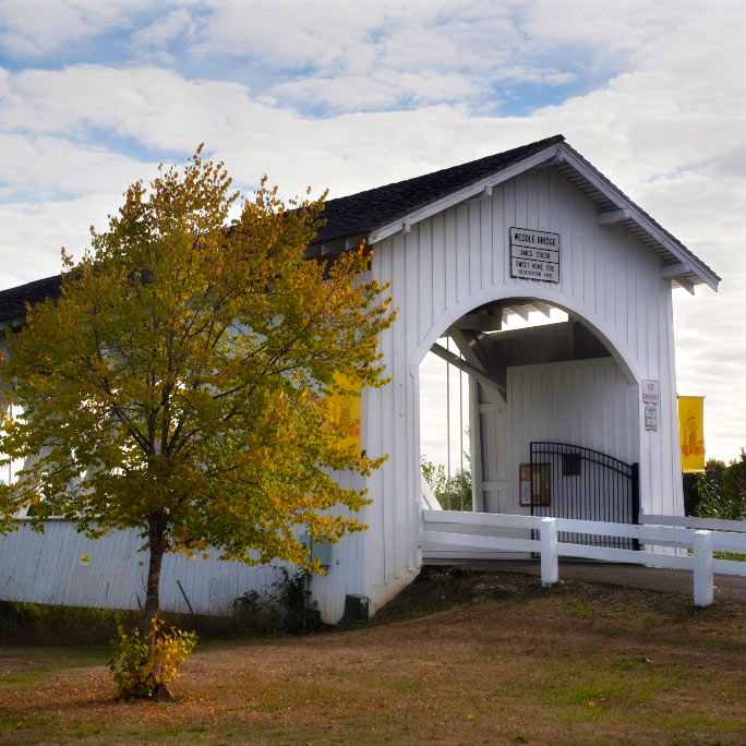 White historic covered bridge in Sweet Home, Oregon