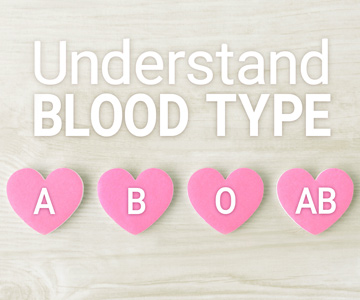 Graphic with pink valentine hearts with blood type letters A,B,O, AB on each.