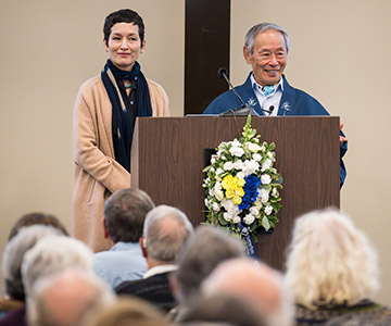 Landscape designer Hoichi Kurisu and his daughter Michiko speak at a lecture in Lebanon about garden design.