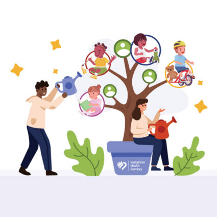 Illustration of parents watering tree with children doing activities in the tree