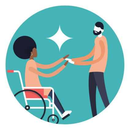 Colorful graphic of a person in a wheelchair being assisted by another person.