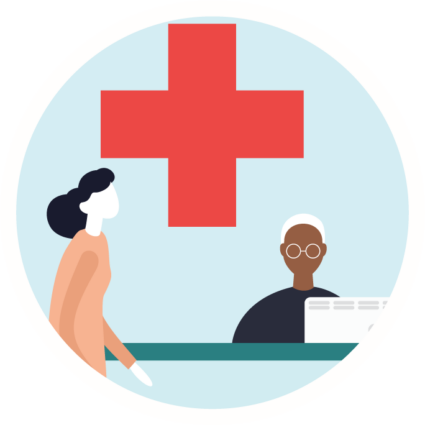 Colorful graphic of a woman visiting a medical clinic.